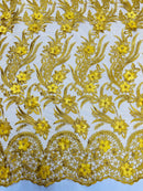 3D Floral Leaf Line Panels - Yellow Gold - 3D Embroidered Flower Lines with Pearls on Lace By Yard