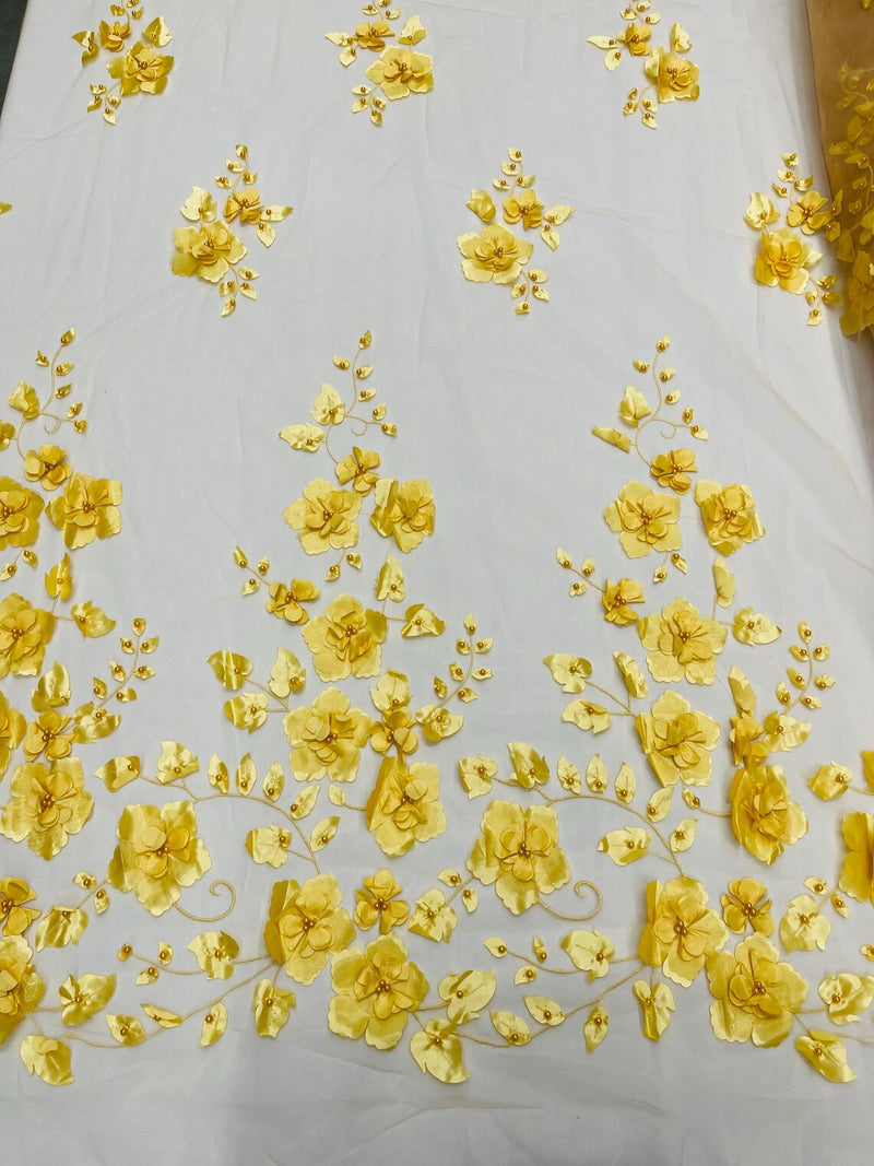 3D Orquidia Floral Lace - Yellow Gold - Beautiful Orchid Flower Fabric on Mesh by Yard