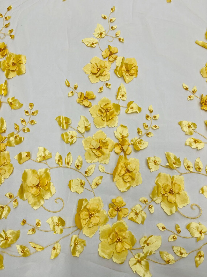 3D Orquidia Floral Lace - Yellow Gold - Beautiful Orchid Flower Fabric on Mesh by Yard