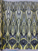 Long Wavy Line Design Sequins - Iridescent Yellow / Black - 4 Way Stretch Sequin Design Mesh Fabric By Yard