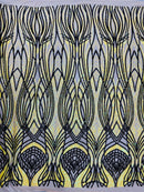 Long Wavy Line Design Sequins - Iridescent Yellow / Black - 4 Way Stretch Sequin Design Mesh Fabric By Yard