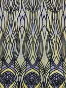 Long Wavy Line Design Sequins - Iridescent Yellow / Black - 4 Way Stretch Sequin Design Mesh Fabric By Yard