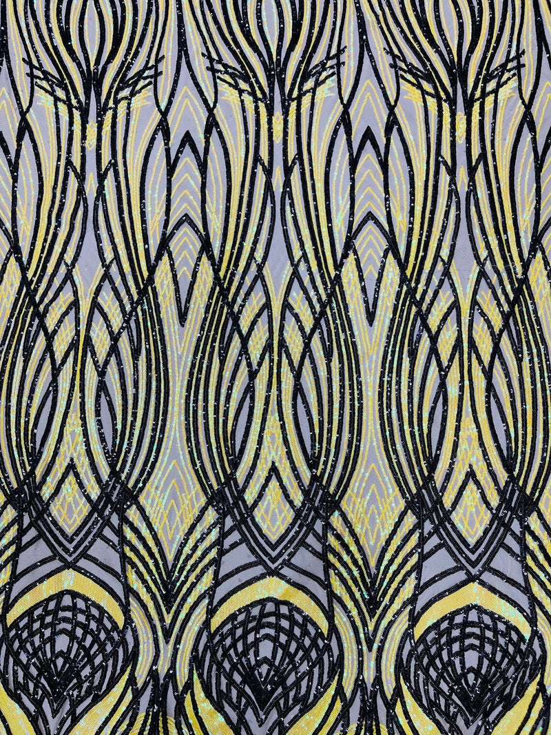 Long Wavy Line Design Sequins - Iridescent Yellow / Black - 4 Way Stretch Sequin Design Mesh Fabric By Yard