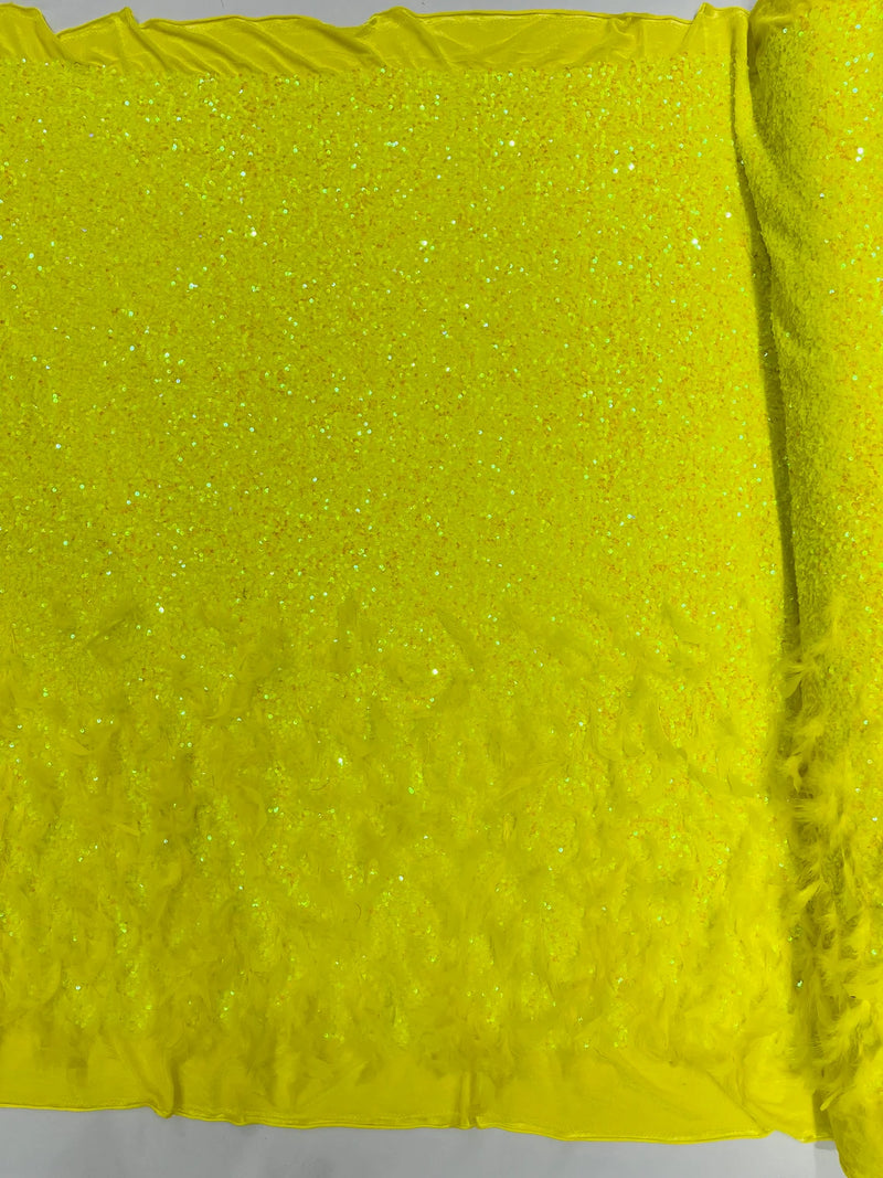 Feather Sequin Velvet Fabric - Yellow Iridescent - 5mm Sequins Velvet 2 Way Stretch 58/60" Fabric By Yard