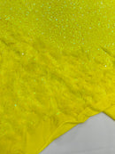 Feather Sequin Velvet Fabric - Yellow Iridescent - 5mm Sequins Velvet 2 Way Stretch 58/60" Fabric By Yard