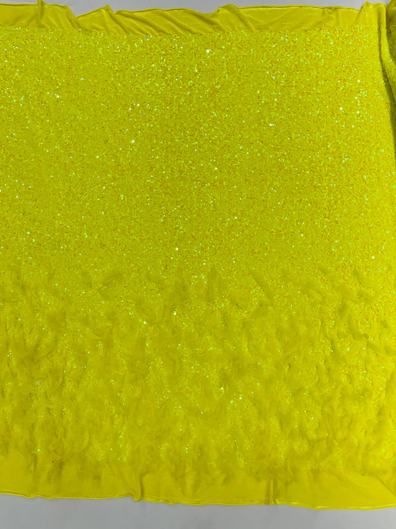 Feather Sequin Velvet Fabric - Yellow Iridescent - 5mm Sequins Velvet 2 Way Stretch 58/60" Fabric By Yard