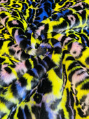 60" Multi-Color Leopard Print Fur Fabric - Yellow / Navy Blue / Peach / Black - Faux Fur Fabric By Yard