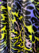 60" Multi-Color Leopard Print Fur Fabric - Yellow / Navy Blue / Peach / Black - Faux Fur Fabric By Yard