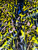 60" Multi-Color Leopard Print Fur Fabric - Yellow / Navy Blue / Peach / Black - Faux Fur Fabric By Yard
