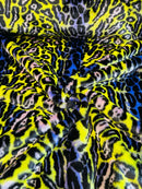 60" Multi-Color Leopard Print Fur Fabric - Yellow / Navy Blue / Peach / Black - Faux Fur Fabric By Yard