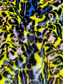 60" Multi-Color Leopard Print Fur Fabric - Yellow / Navy Blue / Peach / Black - Faux Fur Fabric By Yard