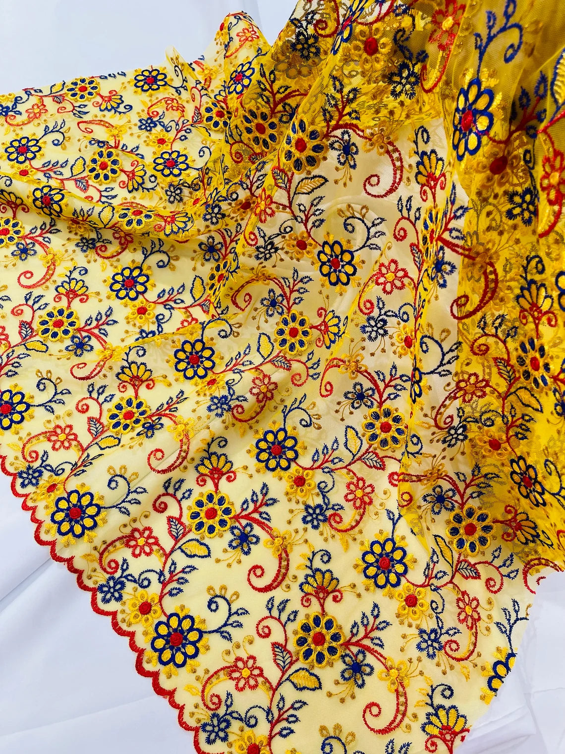 Multi-Color Flower Fabric - Yellow / Red / Blue - Embroidered Floral D