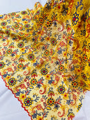 Multi-Color Flower Fabric - Yellow / Red / Blue - Embroidered Floral Design Lace Fabric By Yard