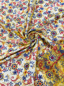 Multi-Color Flower Fabric - Yellow / Red / Blue - Embroidered Floral Design Lace Fabric By Yard