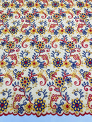 Multi-Color Flower Fabric - Yellow / Red / Blue - Embroidered Floral Design Lace Fabric By Yard