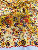 Multi-Color Flower Fabric - Yellow / Red / Blue - Embroidered Floral Design Lace Fabric By Yard