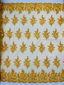 3D Floral Valentina Lace Fabric - Yellow - Sequins and Beads on Flower Design Fabric By Yard