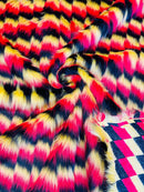 60" Zig Zag Faux Fur - Yellow / Red / Black  - Three Tone Soft Faux Fur Fabric By Yard