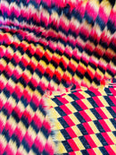 60" Zig Zag Faux Fur - Yellow / Red / Black  - Three Tone Soft Faux Fur Fabric By Yard