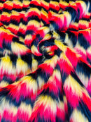 60" Zig Zag Faux Fur - Yellow / Red / Black  - Three Tone Soft Faux Fur Fabric By Yard