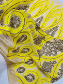 Palm Leaf Damask Sequins - Yellow / Matte Gold - 4 Way Stretch Sequins Leaf Design Fabric By Yard