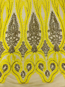 Palm Leaf Damask Sequins - Yellow / Matte Gold - 4 Way Stretch Sequins Leaf Design Fabric By Yard