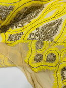 Palm Leaf Damask Sequins - Yellow / Matte Gold - 4 Way Stretch Sequins Leaf Design Fabric By Yard