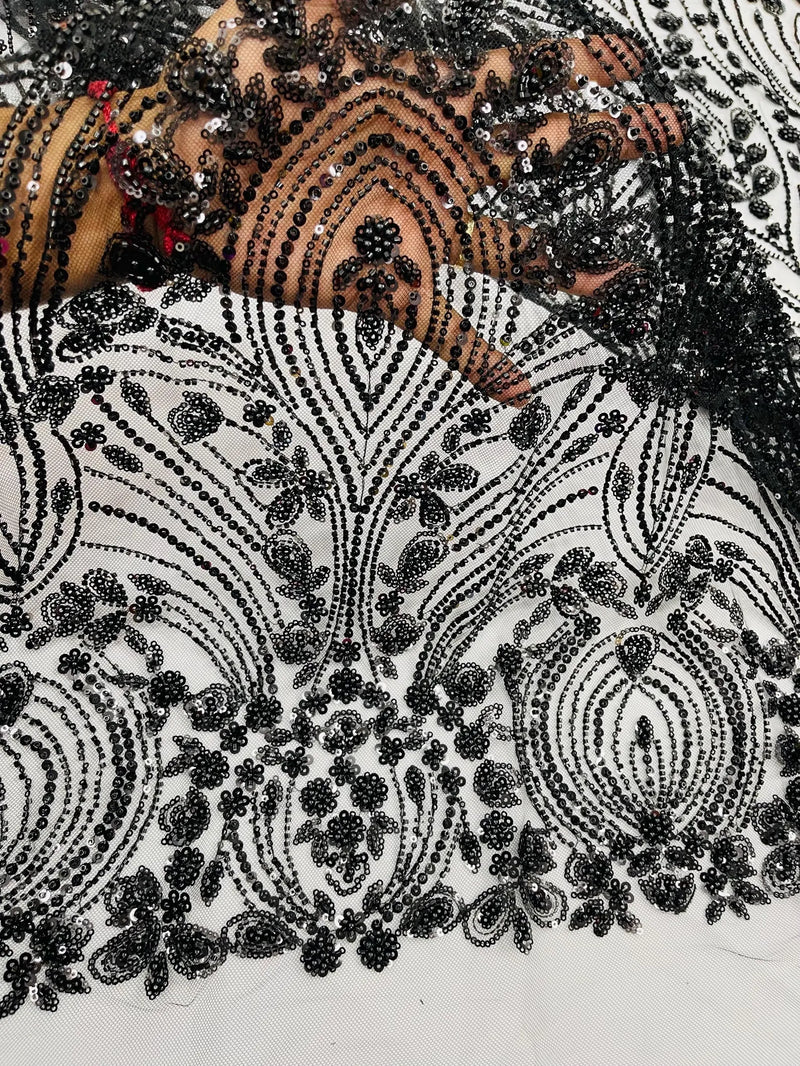 Black Fashion Design Beads and Sequins, Luxury Beaded Fabric Embroider Black Fashion Design Beads and Sequins, Luxury Beaded Fabric Embroider