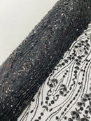 Black Fashion Design Beads and Sequins, Luxury Beaded Fabric Embroidered on a Mesh Lace,Wedding,Bridal,Dress Sold By The Yard