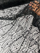 Black Fashion Design Beads and Sequins, Luxury Beaded Fabric Embroidered on a Mesh Lace,Wedding,Bridal,Dress Sold By The Yard