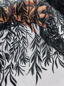 Black Beaded Fabric by the yard, Bridal beaded, Damask Pattern With Beads and Sequin