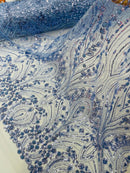 Blue Fashion Design Beads and Sequins, Luxury Beaded Fabric Embroidered on a Mesh Lace,Wedding,Bridal,Dress Sold By The Yard