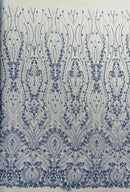 Blue Fashion Design Beads and Sequins, Luxury Beaded Fabric Embroidered on a Mesh Lace,Wedding,Bridal,Dress Sold By The Yard