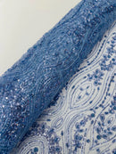 Blue Fashion Design Beads and Sequins, Luxury Beaded Fabric Embroidered on a Mesh Lace,Wedding,Bridal,Dress Sold By The Yard