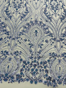 Blue Fashion Design Beads and Sequins, Luxury Beaded Fabric Embroidered on a Mesh Lace,Wedding,Bridal,Dress Sold By The Yard