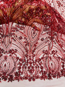 Burgundy Fashion Design Beads and Sequins, Luxury Beaded Fabric Embroidered on a Mesh Lace,Wedding,Bridal,Dress Sold By The Yard