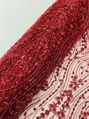 Burgundy Fashion Design Beads and Sequins, Luxury Beaded Fabric Embroidered on a Mesh Lace,Wedding,Bridal,Dress Sold By The Yard