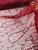 Burgundy Fashion Design Beads and Sequins, Luxury Beaded Fabric Embroidered on a Mesh Lace,Wedding,Bridal,Dress Sold By The Yard