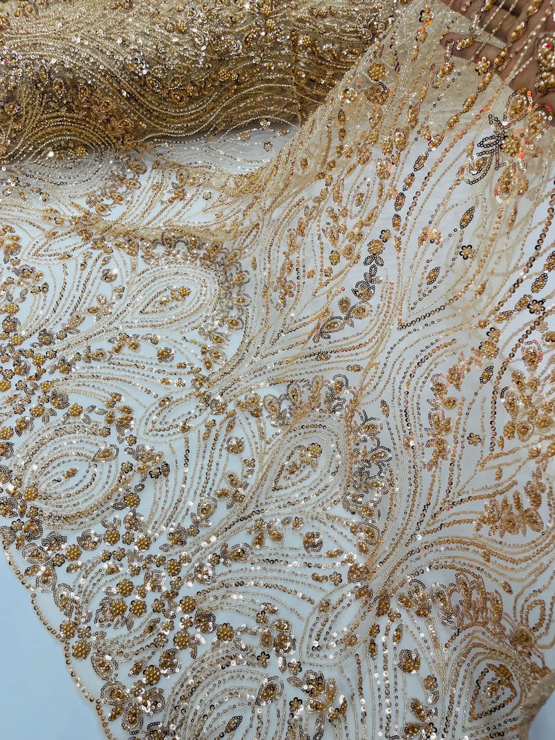 Champagne Fashion Design Beads and Sequins, Luxury Beaded Fabric Embro Champagne Fashion Design Beads and Sequins, Luxury Beaded Fabric Embro