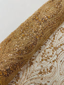 Champagne Fashion Design Beads and Sequins, Luxury Beaded Fabric Embroidered on a Mesh Lace,Wedding,Bridal,Dress Sold By The Yard