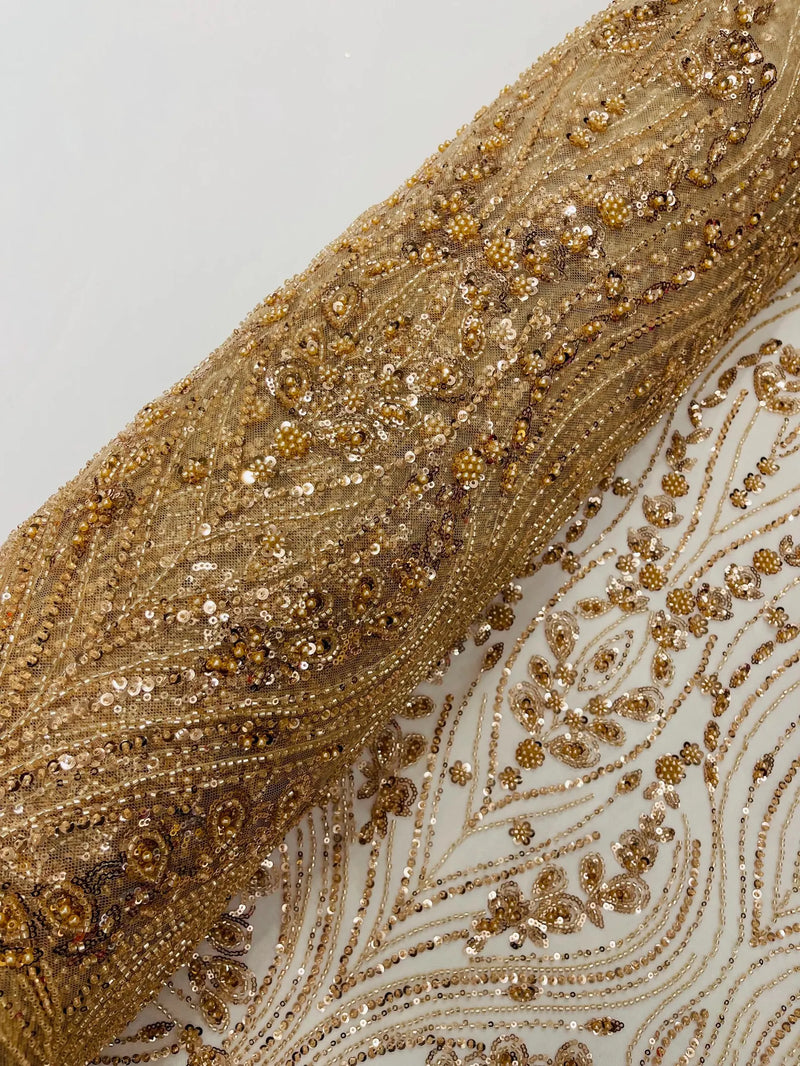 Champagne Fashion Design Beads and Sequins, Luxury Beaded Fabric Embro Champagne Fashion Design Beads and Sequins, Luxury Beaded Fabric Embro