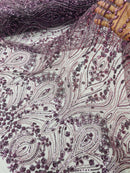 Dark Plum Fashion Design Beads and Sequins, Luxury Beaded Fabric Embroidered on a Mesh Lace,Wedding,Bridal,Dress Sold By The Yard