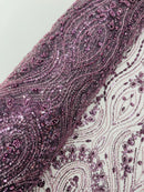 Dark Plum Fashion Design Beads and Sequins, Luxury Beaded Fabric Embroidered on a Mesh Lace,Wedding,Bridal,Dress Sold By The Yard