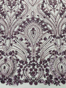 Dark Plum Fashion Design Beads and Sequins, Luxury Beaded Fabric Embroidered on a Mesh Lace,Wedding,Bridal,Dress Sold By The Yard