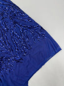 Dk Royal Blue Sequin Fabric by Yard, 4 Way Stretch Fashion Design on Spandex Mesh
