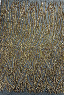 Gold on Black Sequin Fabric by Yard, 4 Way Stretch Fashion Design on Spandex Mesh