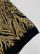 Gold on Black Sequin Fabric by Yard, 4 Way Stretch Fashion Design on Spandex Mesh