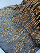 Gold on Black Sequin Fabric by Yard, 4 Way Stretch Fashion Design on Spandex Mesh