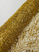 Gold Fashion Design Beads and Sequins, Luxury Beaded Fabric Embroidered on a Mesh Lace,Wedding,Bridal,Dress Sold By The Yard