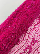 Hot Pink Fashion Design Beads and Sequins, Luxury Beaded Fabric Embroidered on a Mesh Lace,Wedding,Bridal,Dress Sold By The Yard